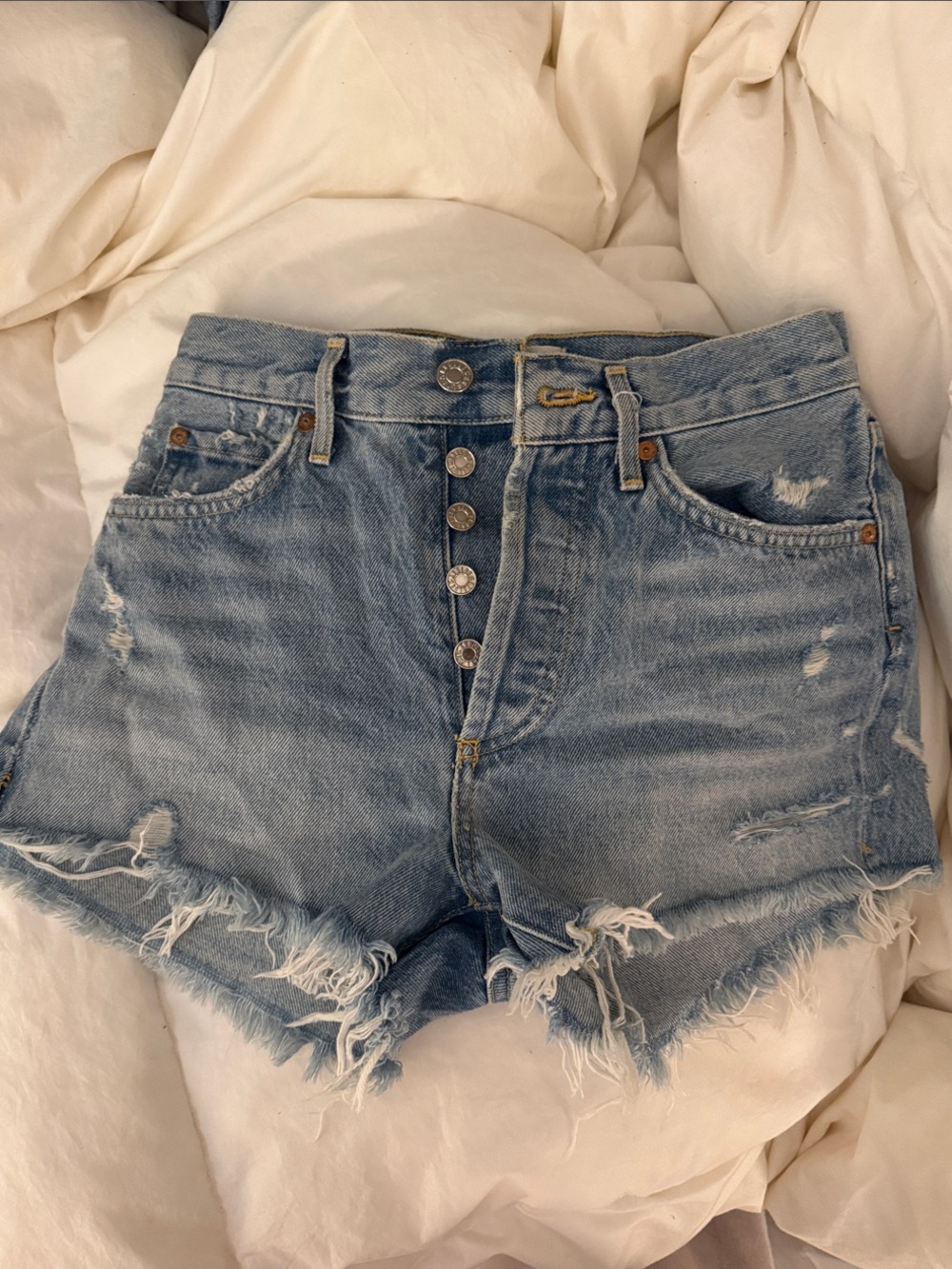 Agolde Light Blue Distressed High-Rise Jean Shorts